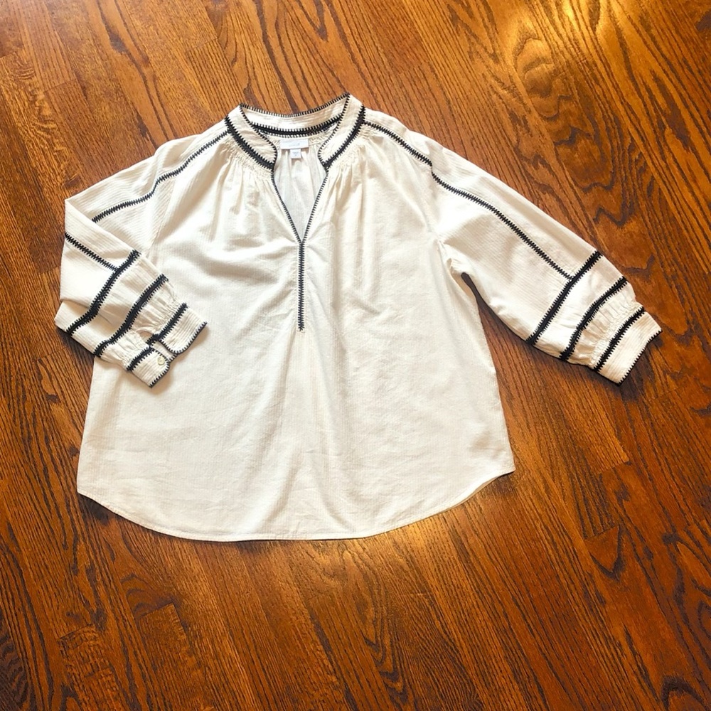 J. Jill Pure Jill Cream/Black Contrast-Trim Blouse - Size Medium